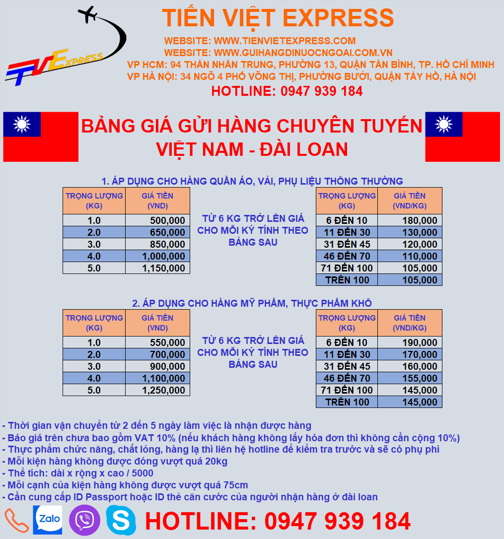 bảng giá gửi hàng đi đài loan